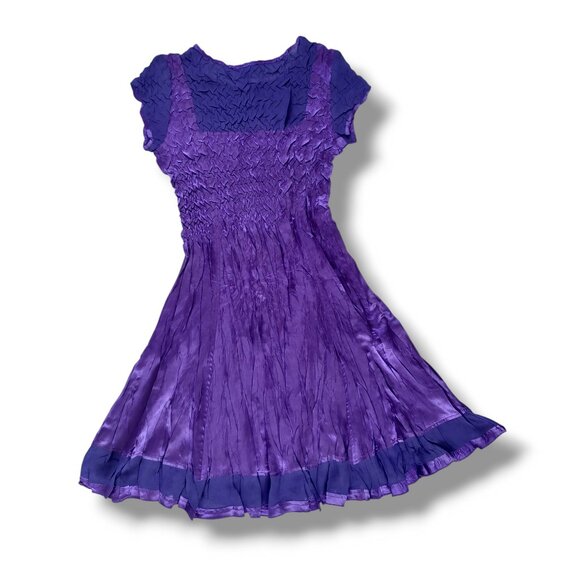 Jessica Purple Crinkle Midi Dress Shiny Short Sleeve Full Skirt Retro Size 6 - Picture 2 of 12
